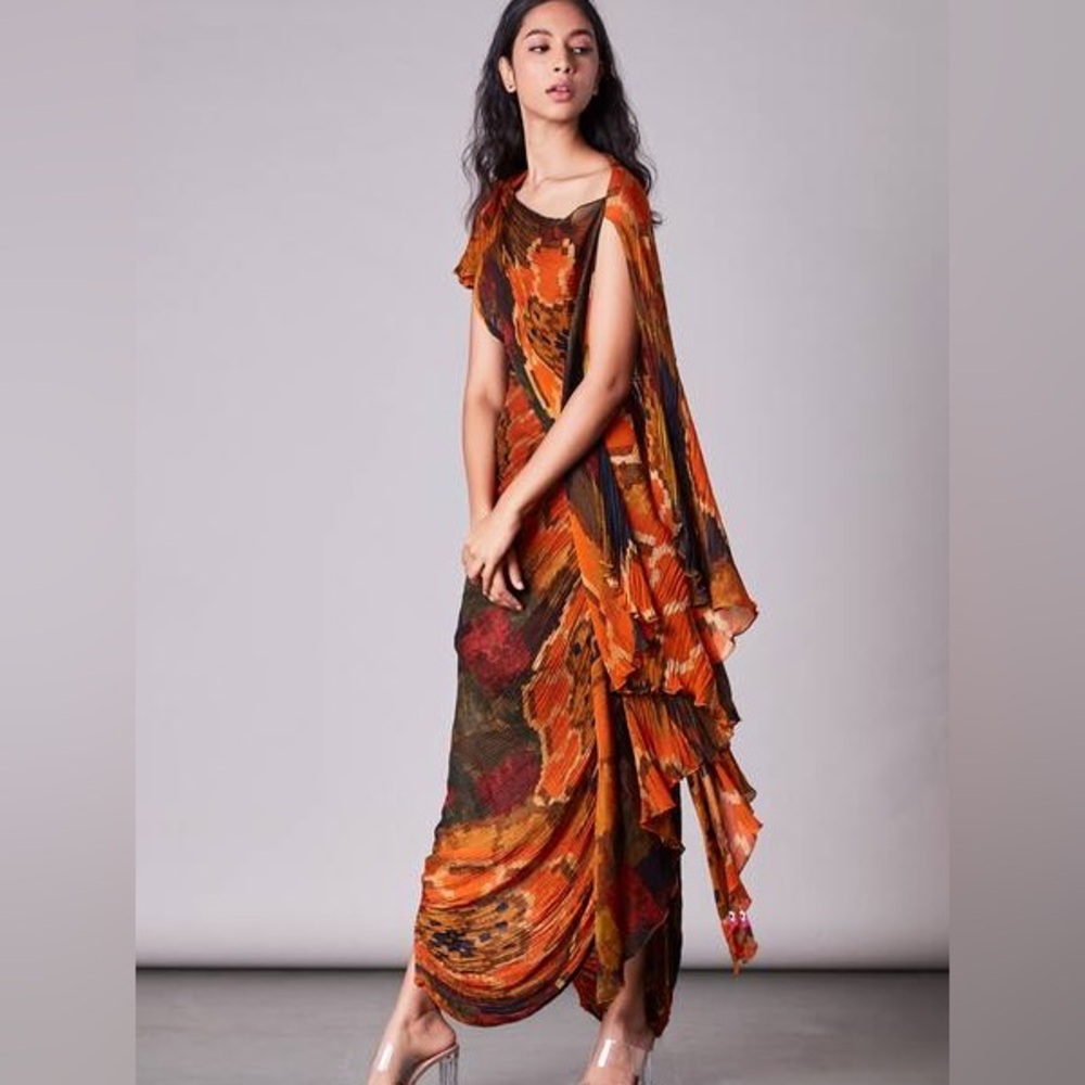 SAAKSHA & KINNI Elegant Orange and brown Women's Dress CHIFFON
